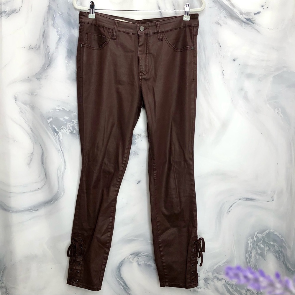 Pilcro and the letterpress brown coated pants with lace up ankles